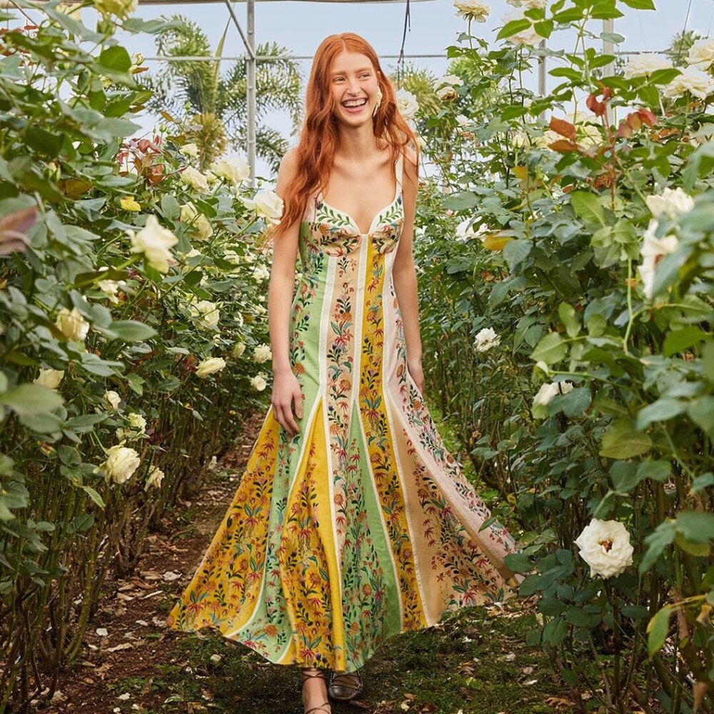 Multicolor Delicate Floral Stripes LENZING™ ECOVERO™ Euroflax™ Maxi Dress